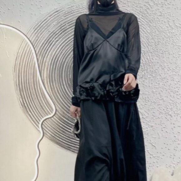 Black Satin Camisole Top with Ruffle Hem - Gothic/ Vintage Aesthetic Style CDG - Picture 1 of 8